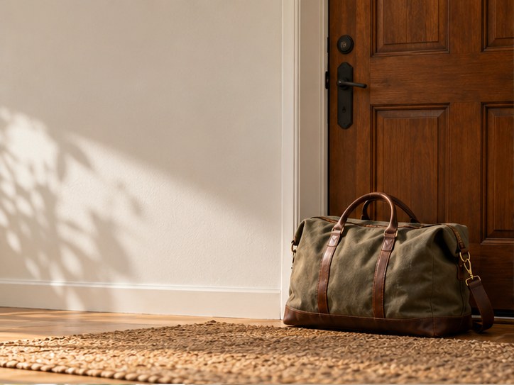 An overnight bag beside a wooden front door