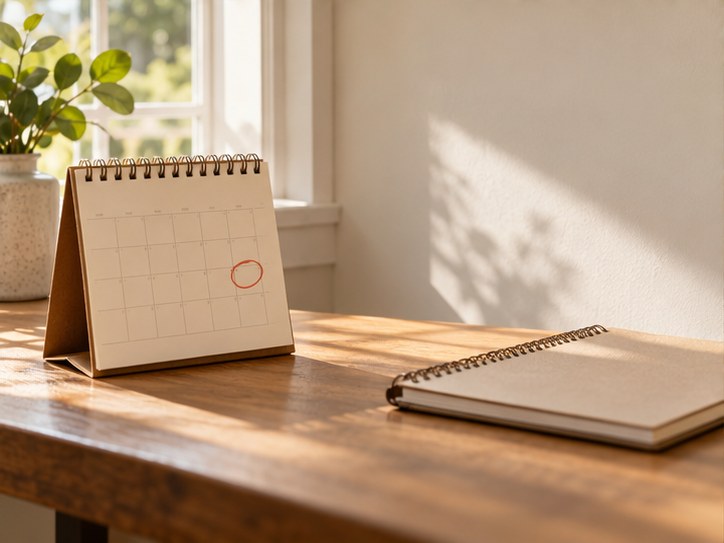 A calendar on a sunlit table