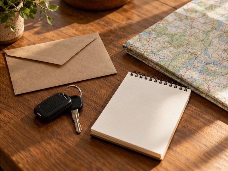 An envelope, map and notebook on a table