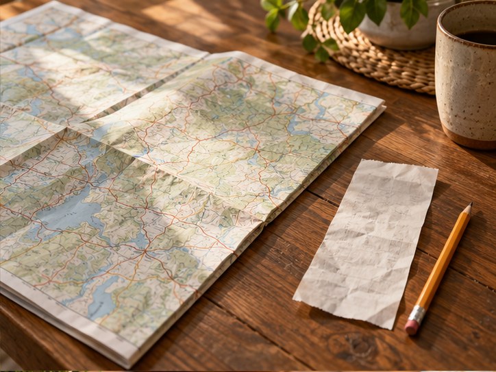 A map, gas receipt and pencil on a table